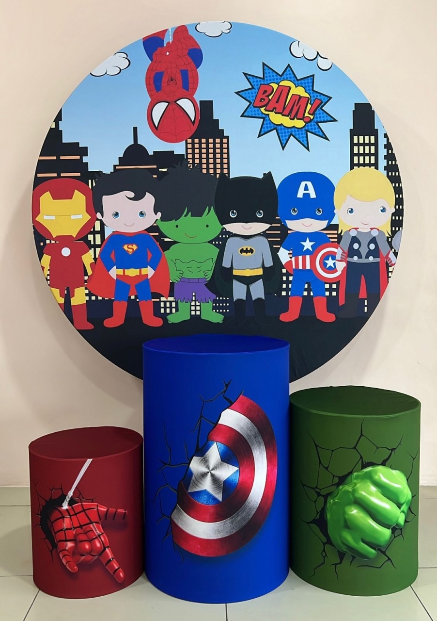 Kit Sublimado Capa Painel Redondo E Capas de Cilindros Vingadores Cute - Selminha Lokfest