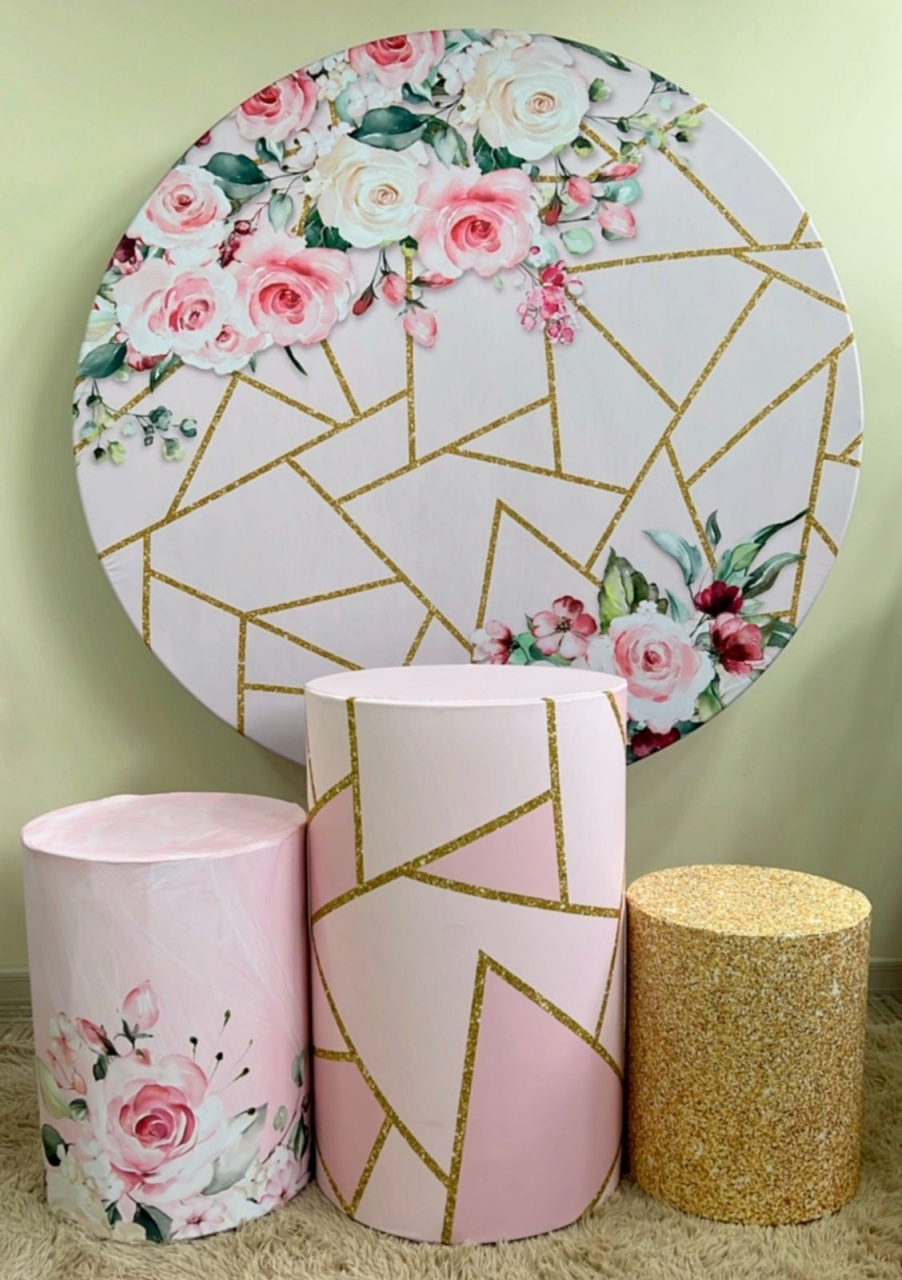 Kit Sublimado Capa Painel Redondo E Capas de Cilindros Geométrico Floral Rosa C/Dourado - Selminha Lokfest