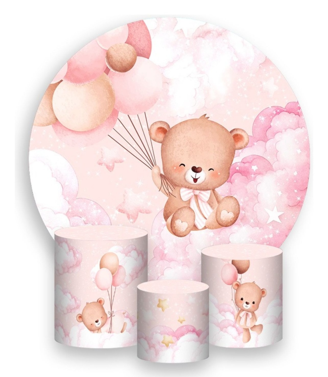 Kit Sublimado Capa Painel Redondo E Capas de Cilindros Ursinha Rosa Balão  - Selminha Lokfest