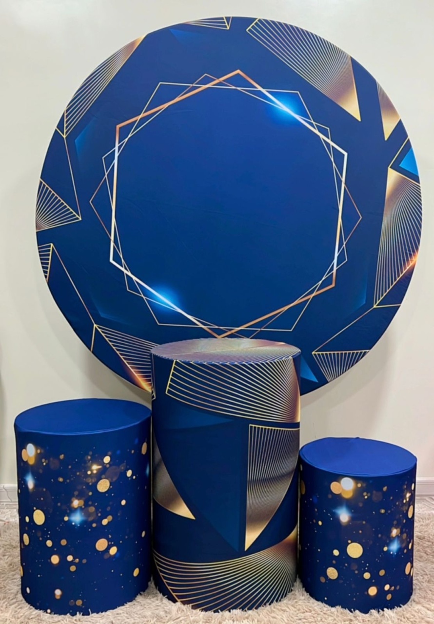 Kit Sublimado Capa Painel Redondo E Capas de Cilindros Geométrico Azul Marinho C/ Dourado - Selminha Lokfest