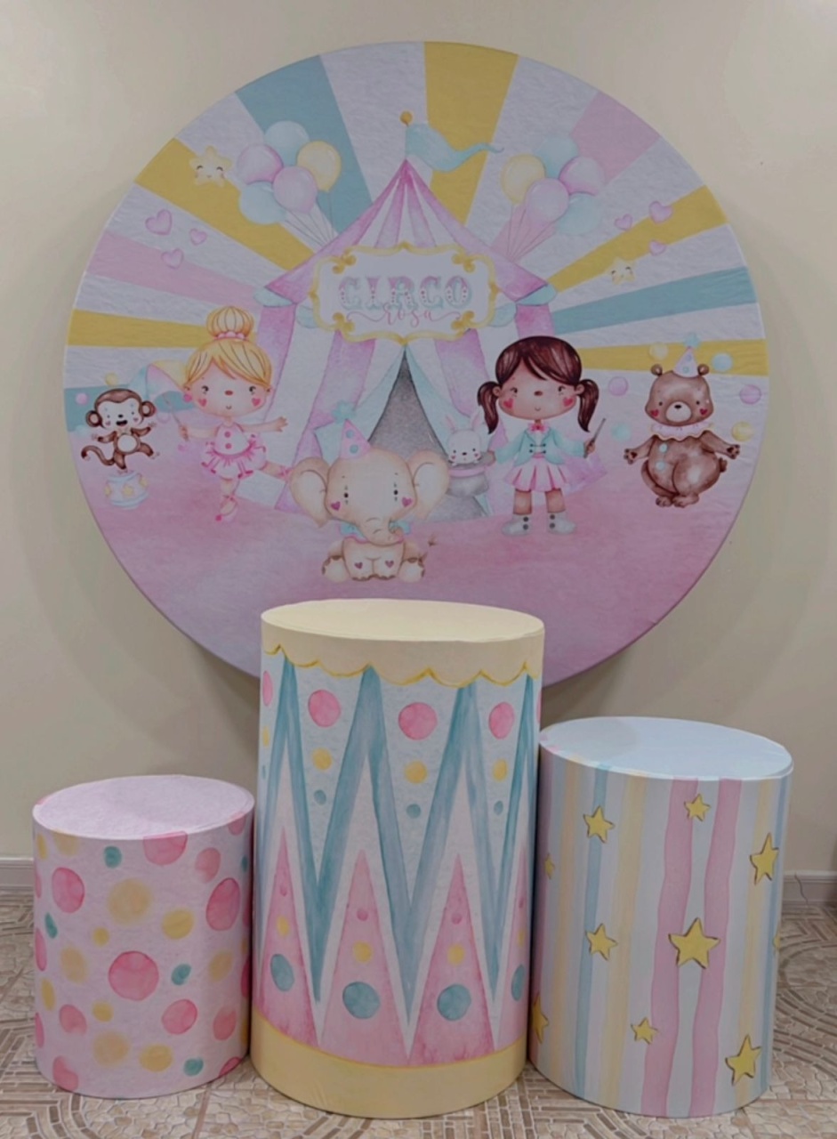 Kit Sublimado Capa Painel Redondo E Capas de Cilindros Circo Rosa 1 - Selminha Lokfest