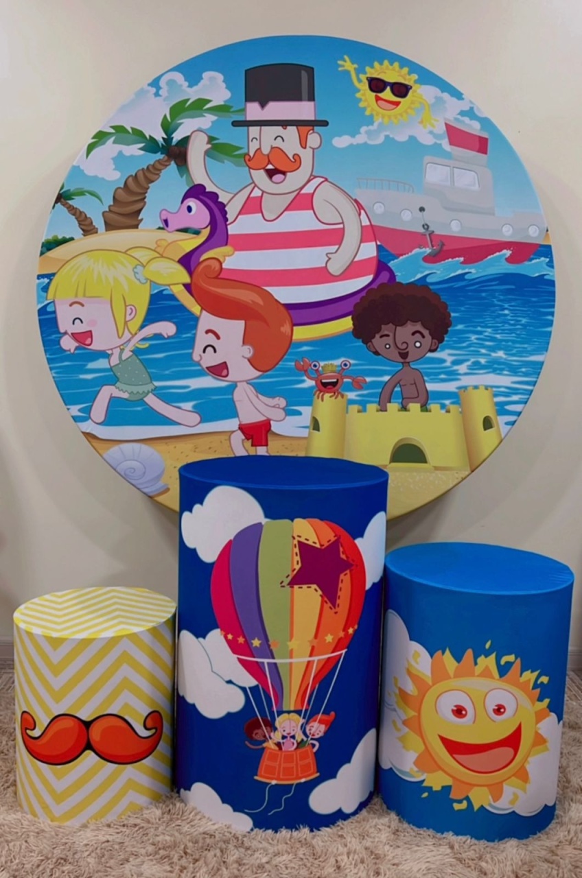 Kit Sublimado Capa Painel Redondo E Capas de Cilindros Mundo Bita Praia - Selminha Lokfest