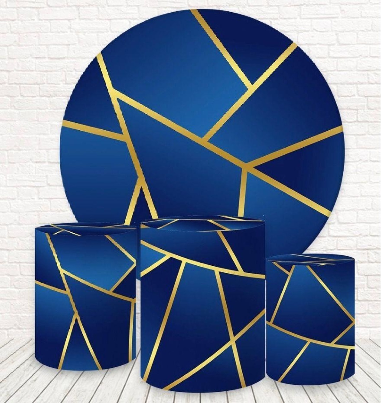 Kit Sublimado Capa Painel Redondo E Capas de Cilindros Geométrico Azul Royal C/ Dourado - Selminha Lokfest