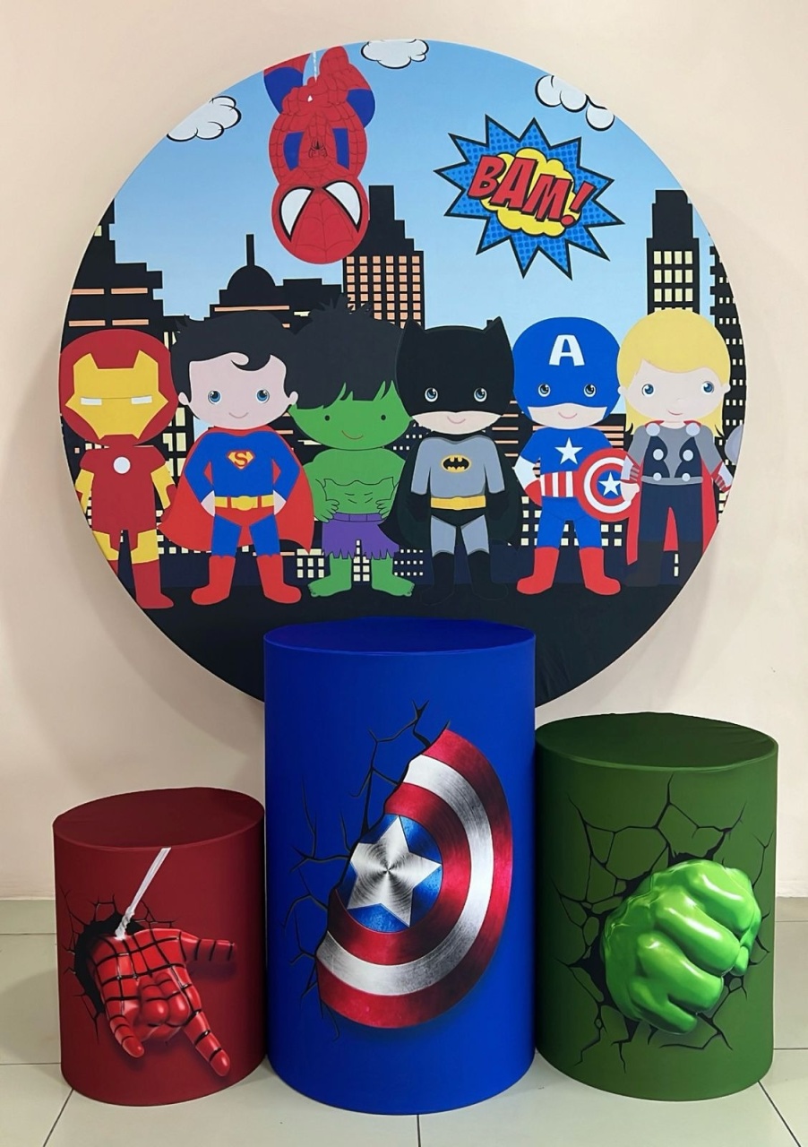 Kit Sublimado Capa Painel Redondo E Capas de Cilindros Vingadores Cute - Selminha Lokfest