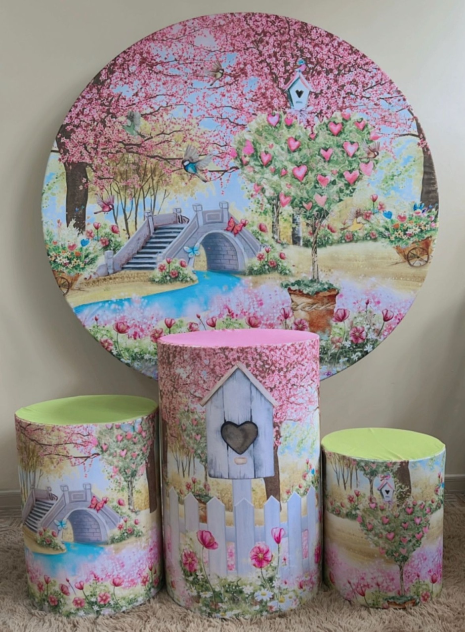  Kit Sublimado Capa Painel Redondo E Capas de Cilindros Jardim Encantado 02 - Selminha Lokfest