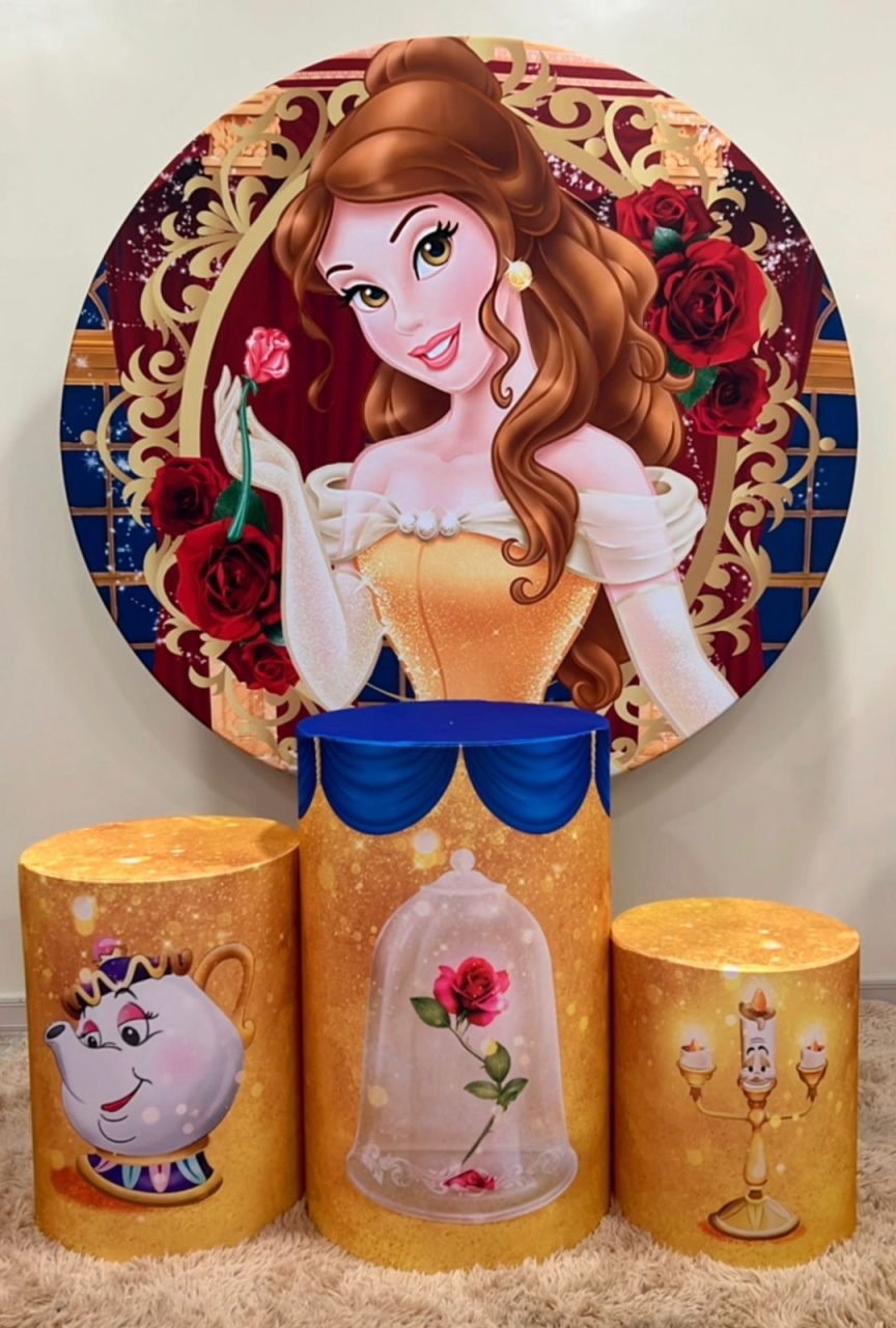 Kit Sublimado Capa Painel Redondo E Capas de Cilindros Princesa Bela - Selminha Lokfest