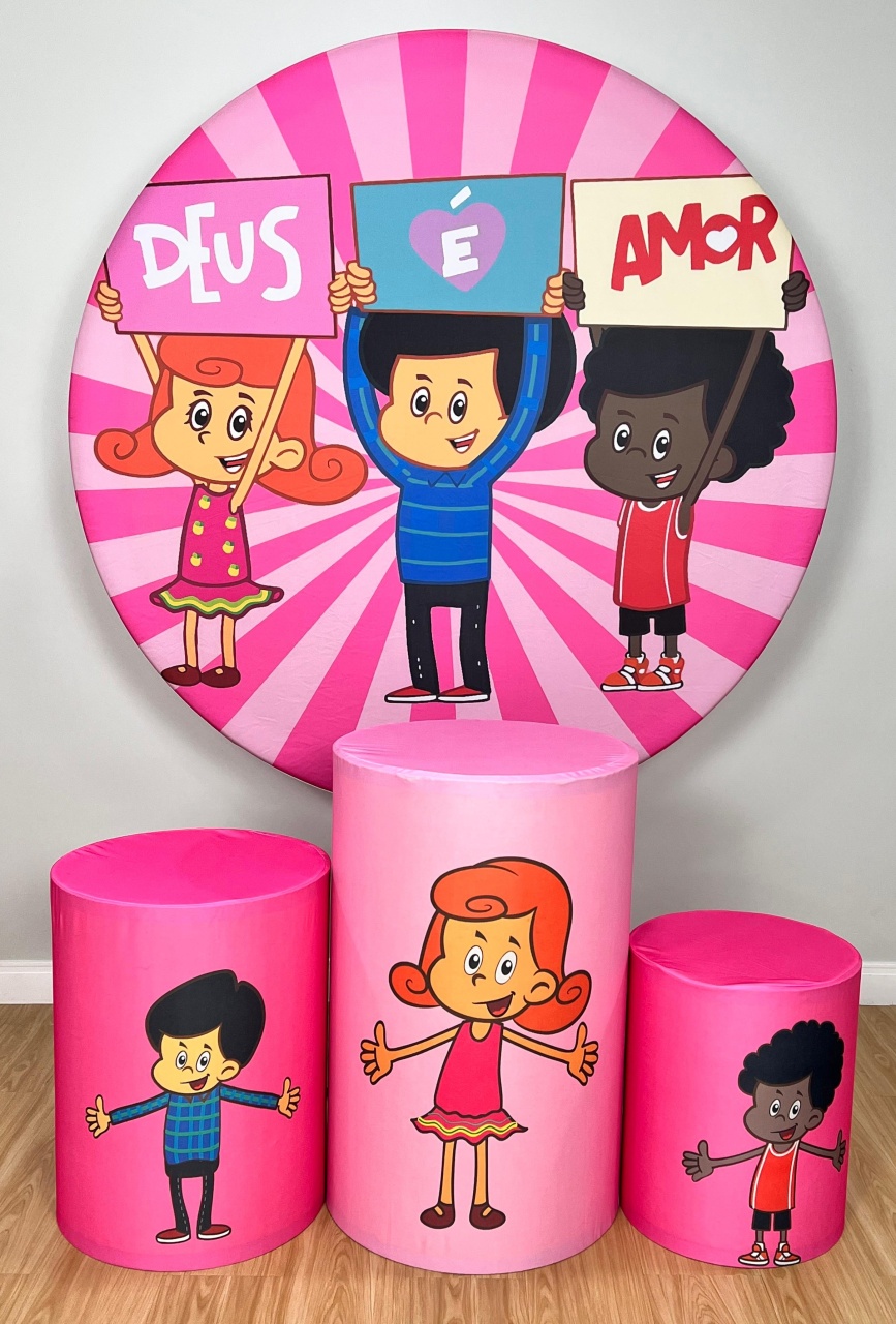 Kit Sublimado Capa Painel Redondo E Capas de Cilindros 3 Palavrinhas Rosa - Selminha Lokfest