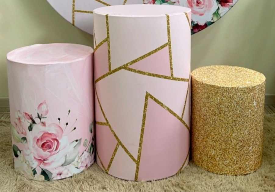 Trio Capas de Cilindros Sublimadas Geométrico Floral Rosa C/Dourado - Selminha Lokfest