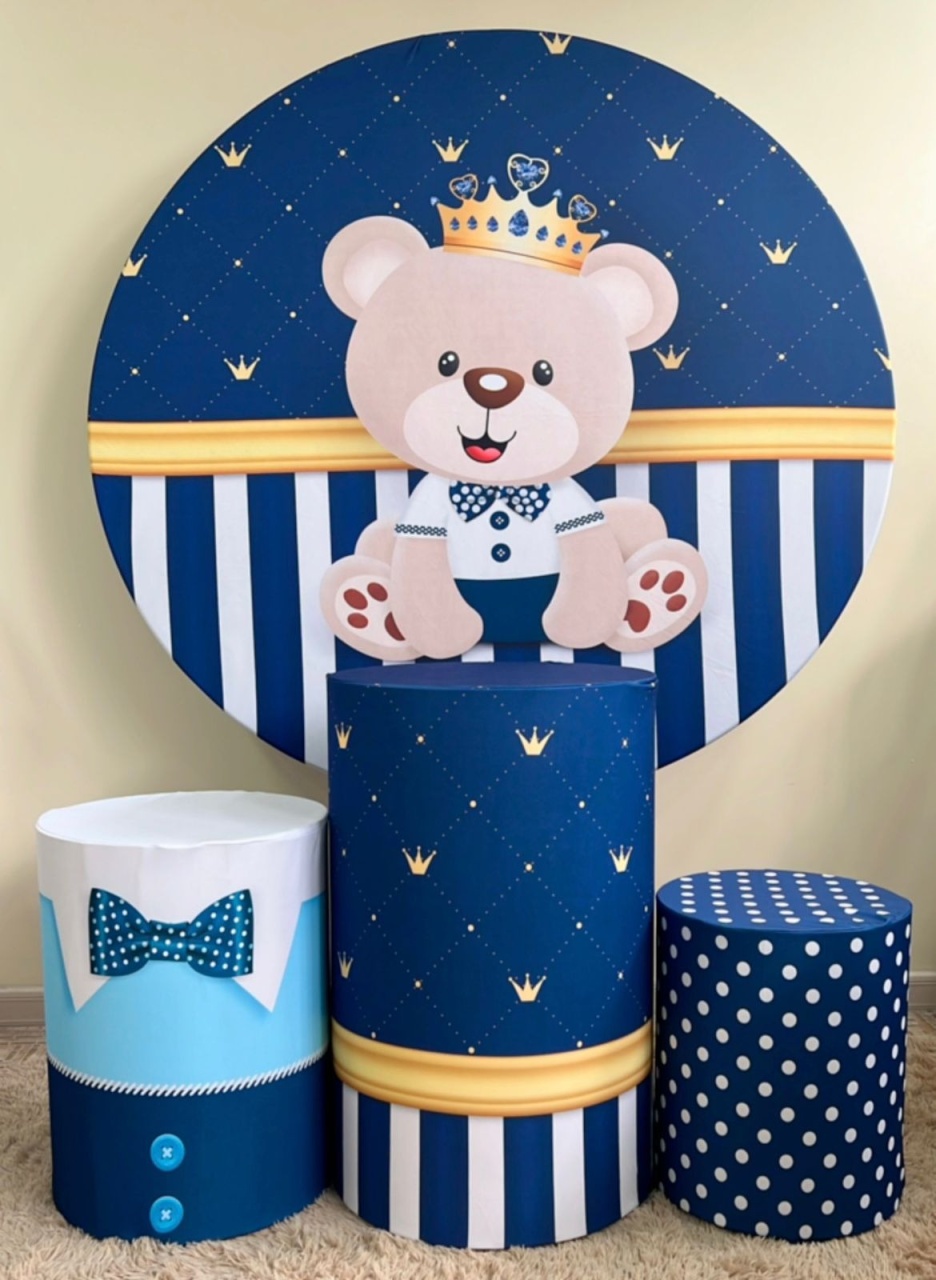 Kit Sublimado Capa Painel Redondo E Capas de Cilindros Ursinho Princípe Realeza Azul Escuro - Selminha Lokfest