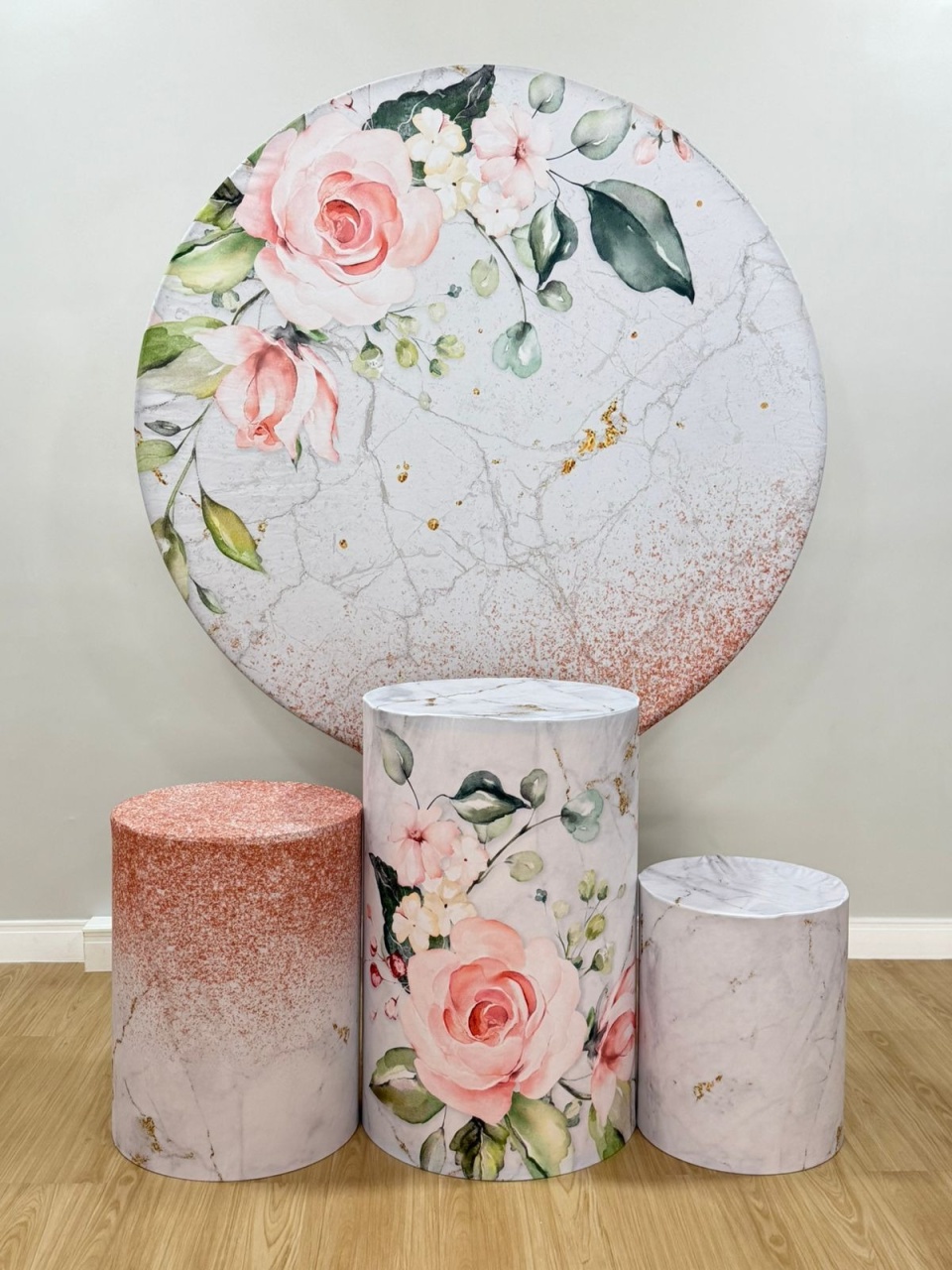 Kit Sublimado Capa Painel Redondo E Capas de Cilindros Marmorizado Floral Rosé - Selminha Lokfest
