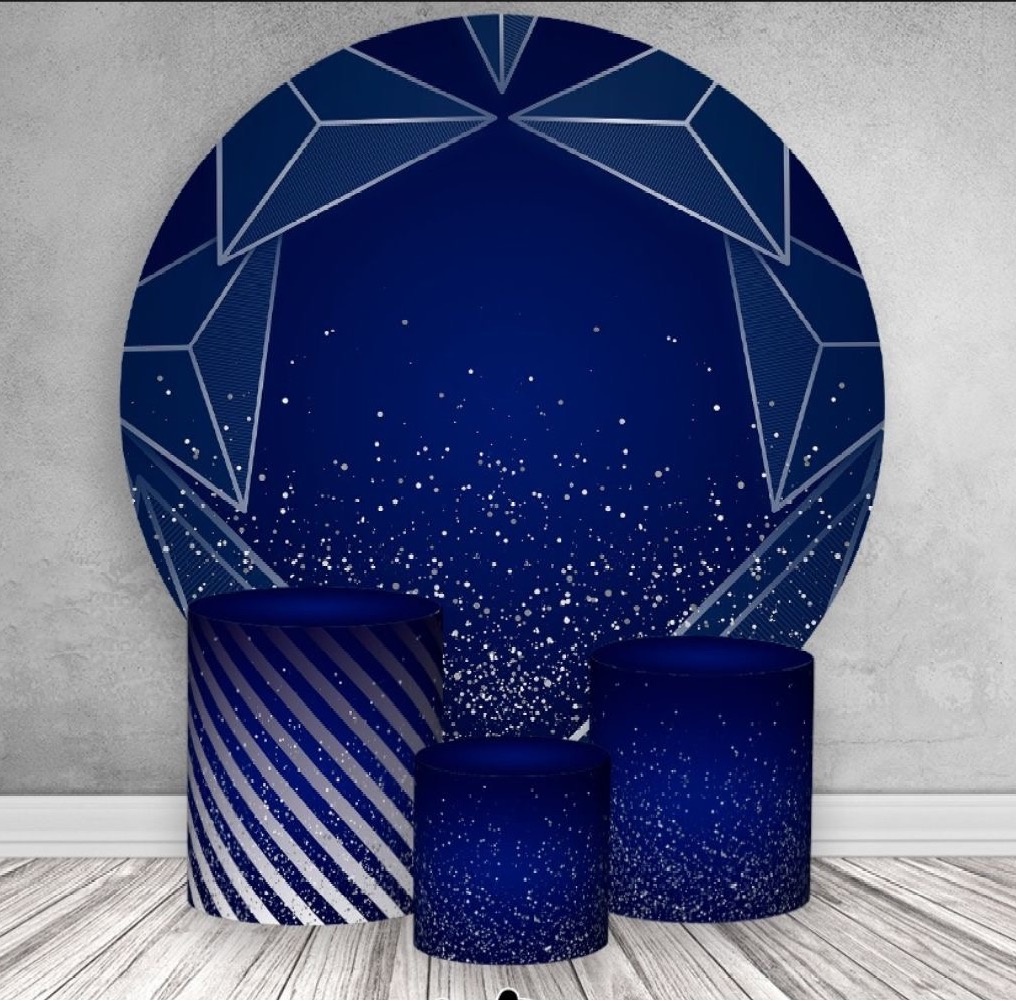 Kit Sublimado Capa Painel Redondo E Capas de Cilindros Geométrico Azul Marinho C/ Prata - Selminha Lokfest