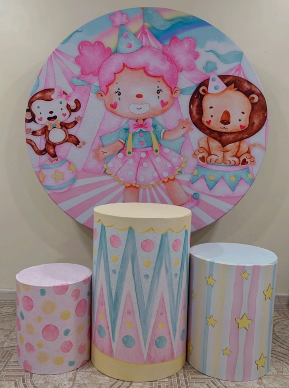 Kit Sublimado Capa Painel Redondo E Capas de Cilindros Circo Rosa 2 - Selminha Lokfest