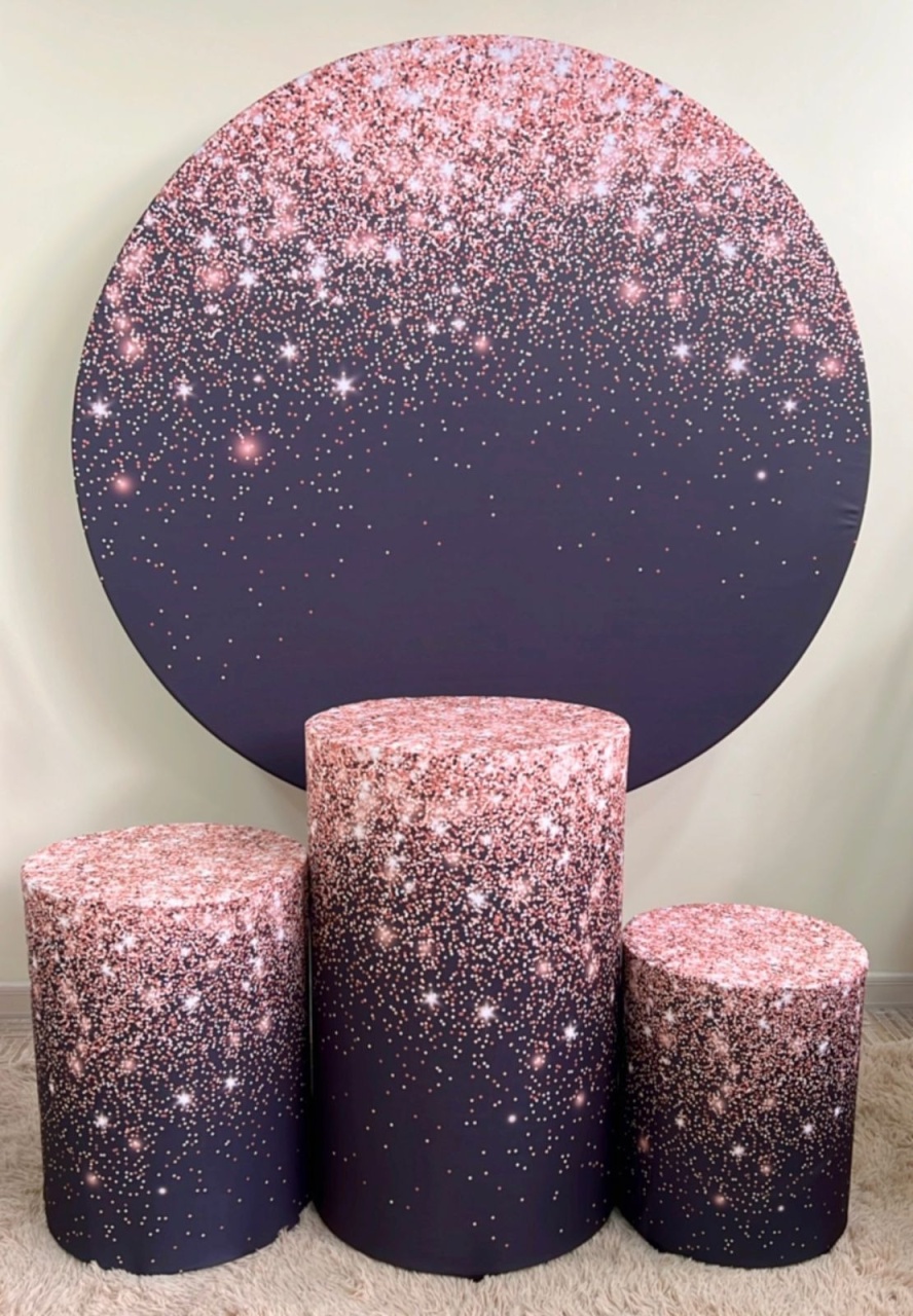 Kit Sublimado Capa Painel Redondo E Capas de Cilindros Preto C/ Glitter Rose  - Selminha Lokfest