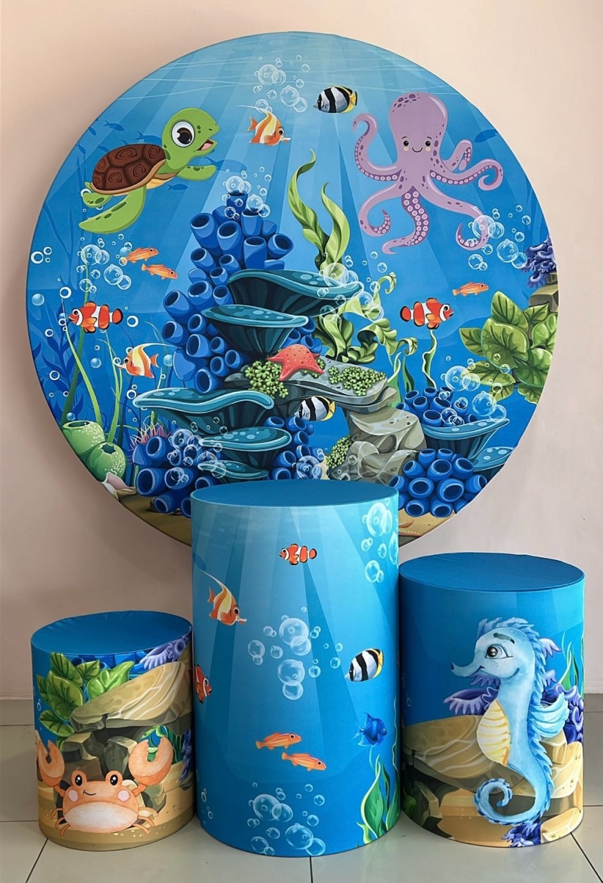 Kit Sublimado Capa Painel Redondo E Capas de Cilindros Fundo Do Mar  - Selminha Lokfest