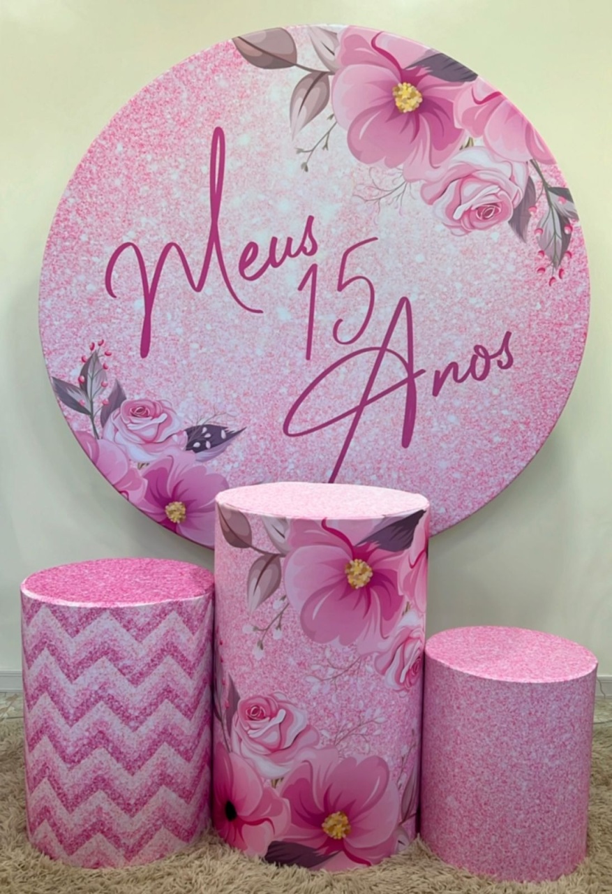 Kit Sublimado Capa Painel Redondo E Capas de Cilindros Meus 15 Anos - Selminha Lokfest