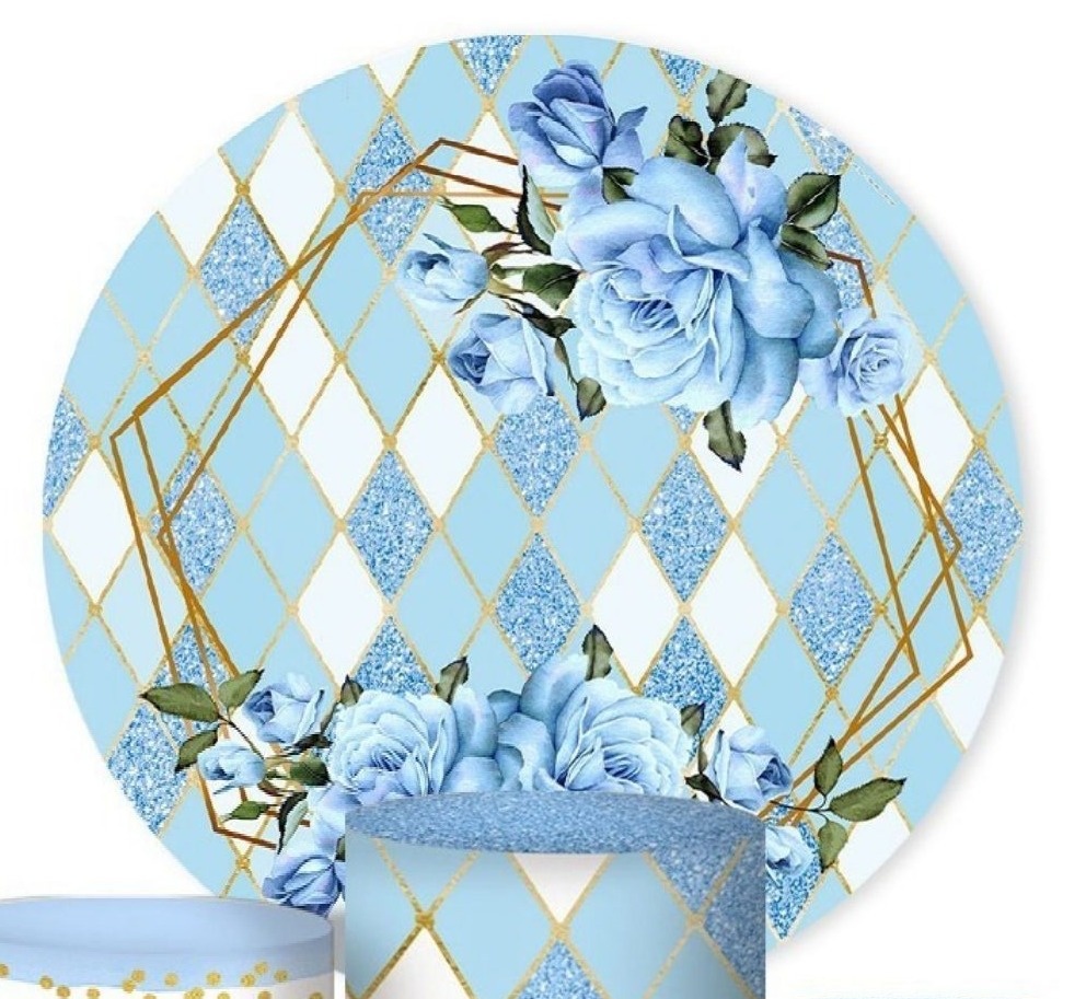 Capa Sublimada Painel Geométrico Floral Azul C/Dourado (1,50M) - Selminha Lokfest