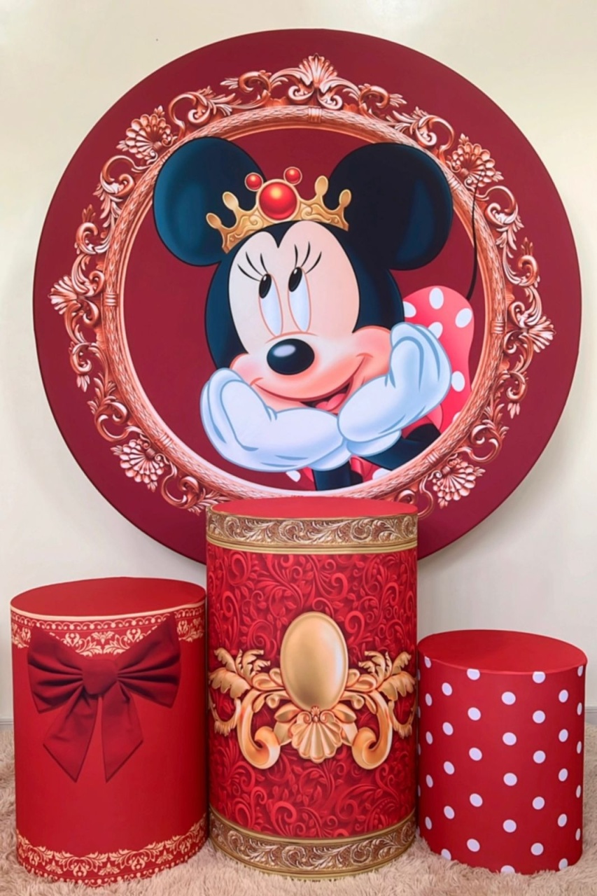 Kit Sublimado Capa Painel Redondo E Capas de Cilindros Minnie Vermelha Realeza - Selminha Lokfest