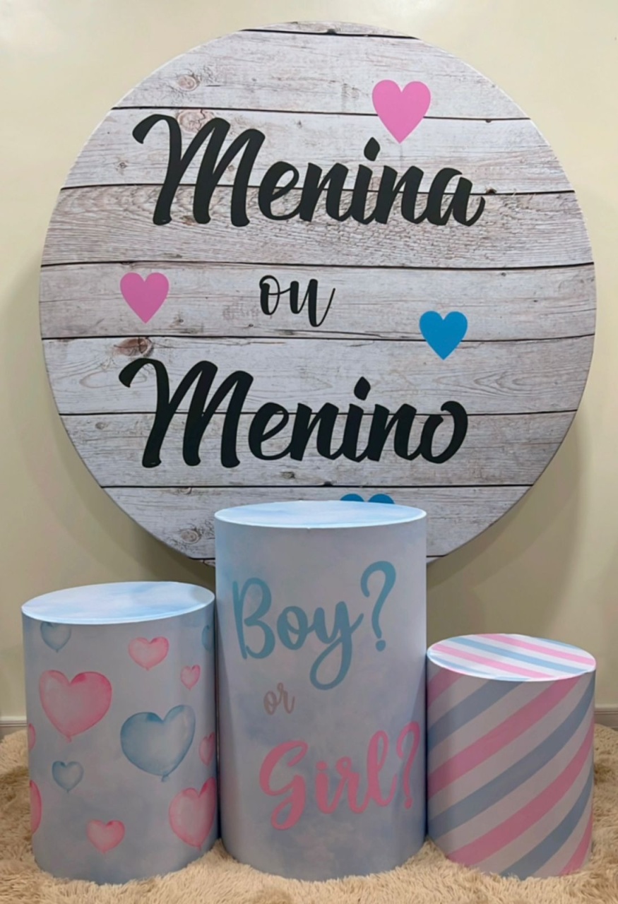 Kit Sublimado Capa Painel Redondo E Capas de Cilindros Chá Revelação Menino E Menina - Selminha Lokfest