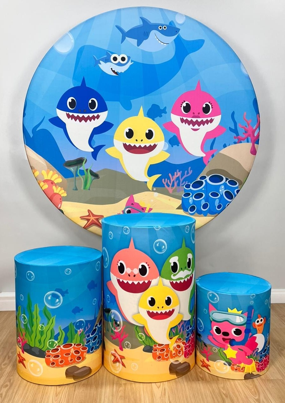 Kit Sublimado Capa Painel Redondo E Capas de Cilindros Baby Shark Menino - Selminha Lokfest