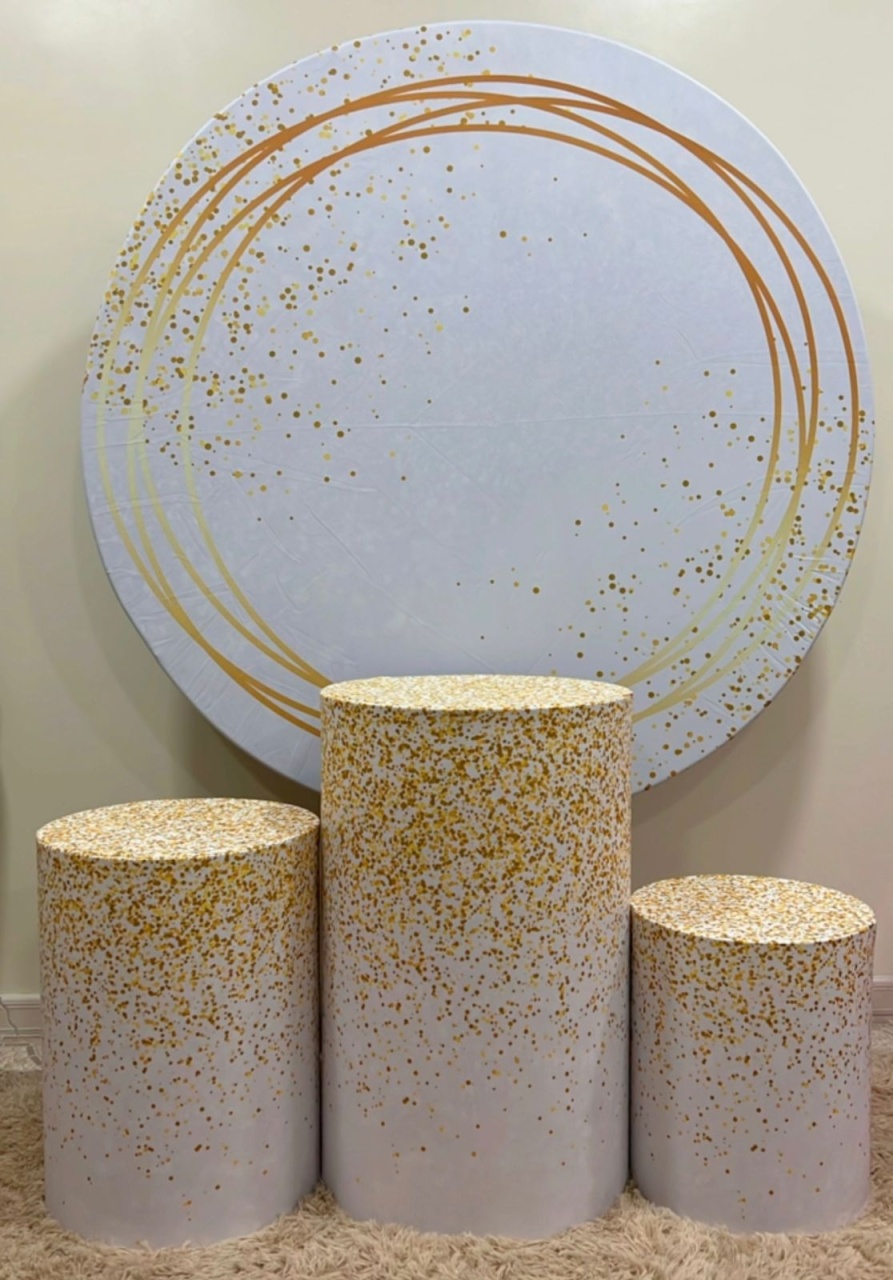 Kit Sublimado Capa Painel Redondo E Capas de Cilindros Branco C/ Glitter Dourado - Selminha Lokfest