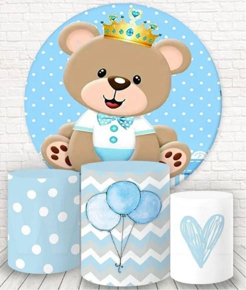 Kit Sublimado Capa Painel Redondo E Capas de Cilindros Ursinho Príncipe Realeza Azul Claro - Selminha Lokfest