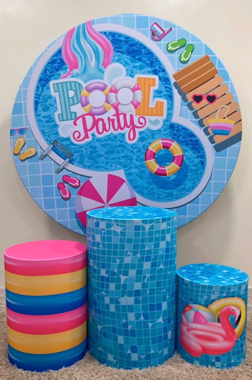 Kit Sublimado Capa Painel Redondo E Capas de Cilindros Pool Party Menina - Selminha Lokfest