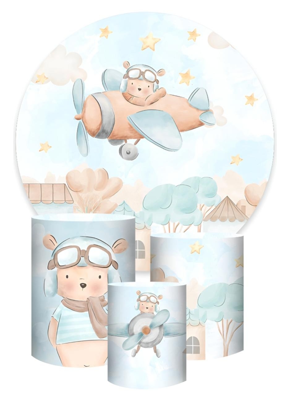  Kit Sublimado Capa Painel Redondo E Capas de Cilindros Ursinho Aviador - Selminha Lokfest