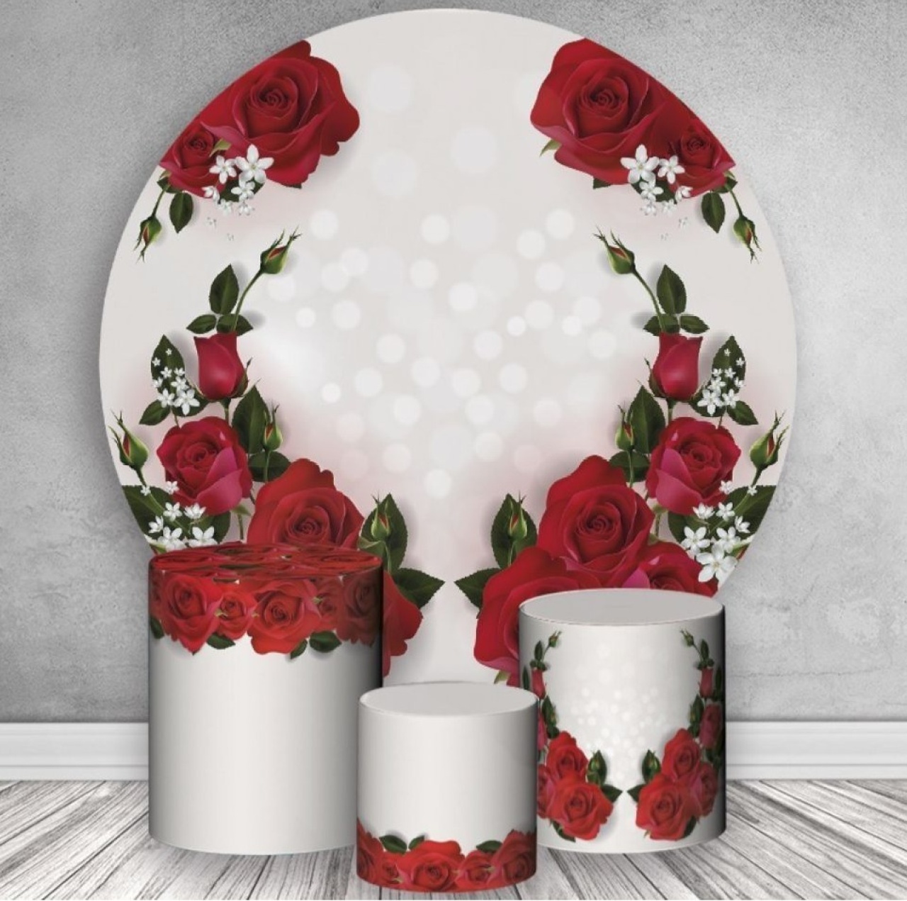 Kit Sublimado Capa Painel Redondo E Capas de Cilindros Floral Flores Vermelha  - Selminha Lokfest