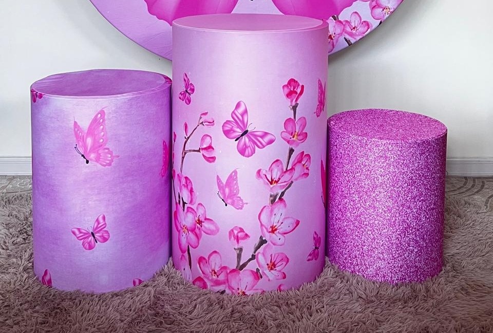 Trio Capas de Cilindros Sublimadas Borboleta Rosa - Selminha Lokfest