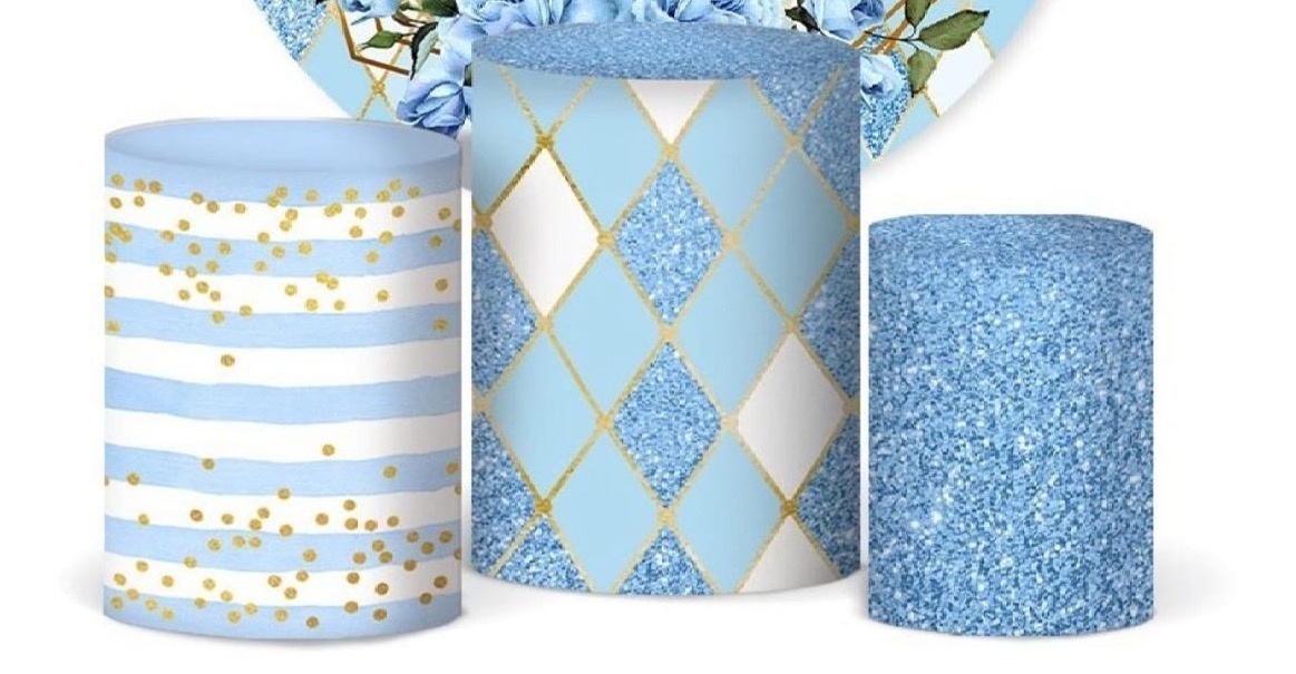 Trio Capas de Cilindros Geométrico Floral Azul C/Dourado - Selminha Lokfest