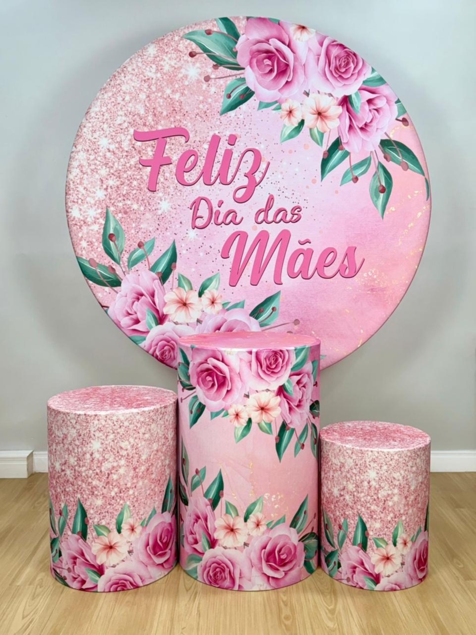 Kit Sublimado Capa Painel Redondo E Capas de Cilindros Dia das Mães Flores Rosas - Selminha Lokfest