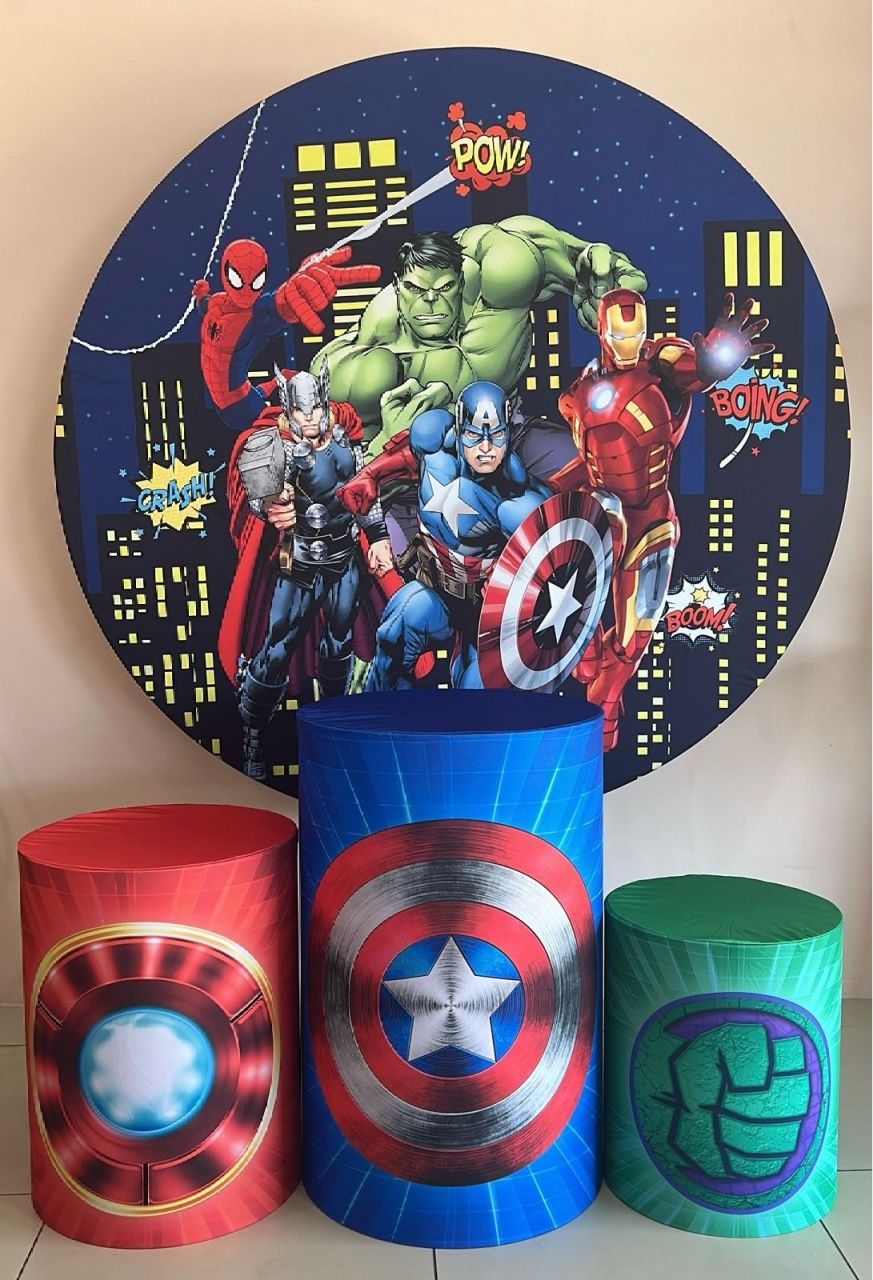 Kit Sublimado Capa Painel Redondo E Capas de Cilindros Vingadores - Selminha Lokfest