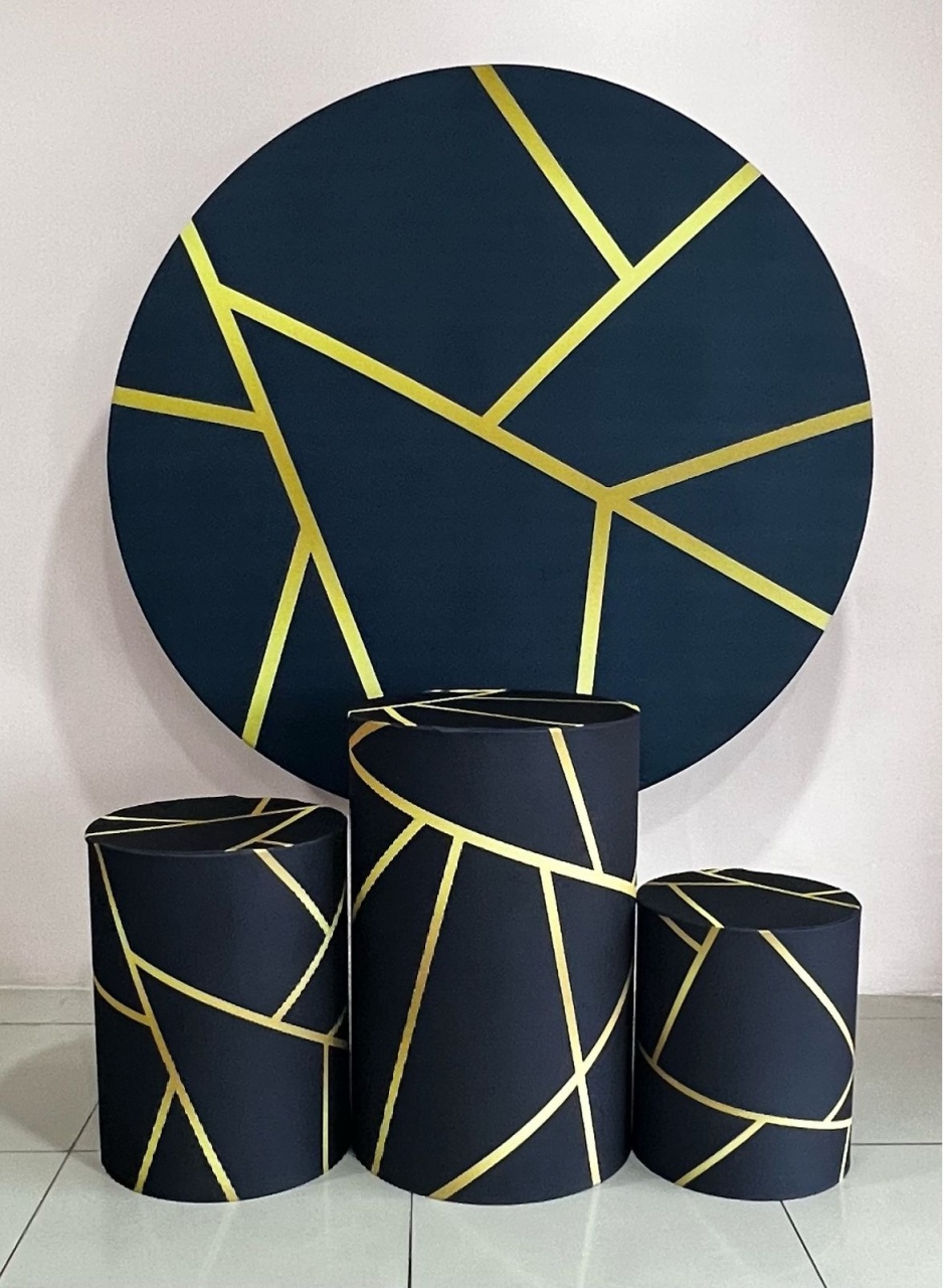 Kit Sublimado Capa Painel Redondo E Capas de Cilindros Geométrico Preto C/ Dourado - Selminha Lokfest