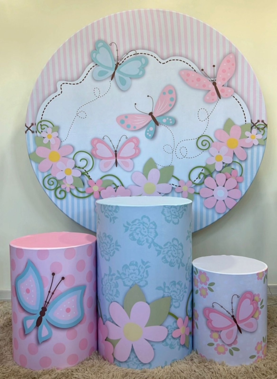 Kit Sublimado Capa Painel Redondo E Capas de Cilindros Jardim das Borboletas  - Selminha Lokfest