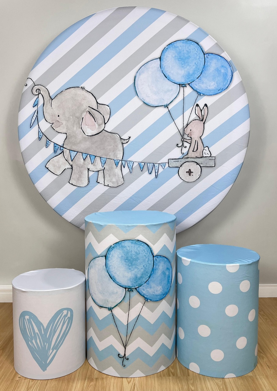 Kit Sublimado Capa Painel Redondo E Capas de Cilindros Elefantinho Azul - Selminha Lokfest