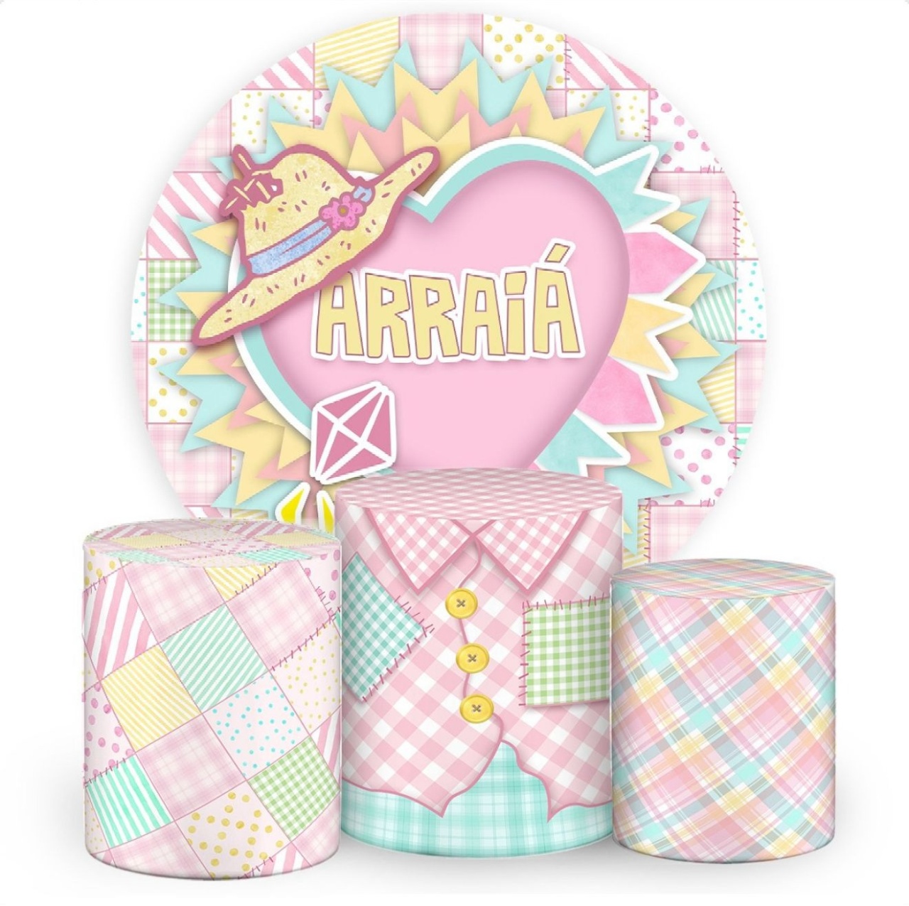 Kit Sublimado Capa Painel Redondo E Capas de Cilindros Festa Junina Rosa Kit 02 - Selminha Lokfest