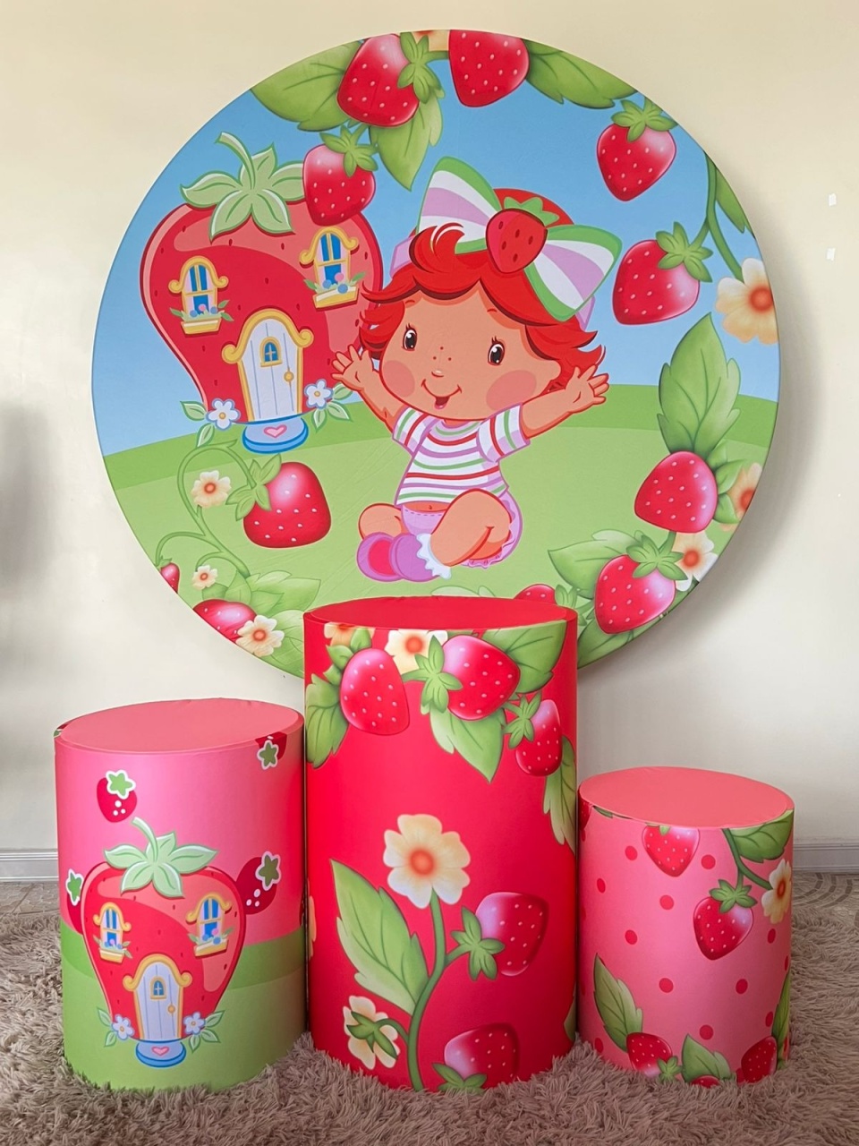 Kit Sublimado Capa Painel Redondo E Capas de Cilindros Moranguinho Baby - Selminha Lokfest