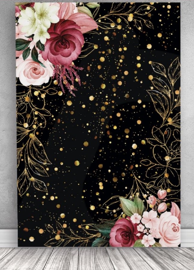 Painel Sublimado Lateral Floral Preto C/ Glitter Dourado (Tam 2X1) - Selminha Lokfest