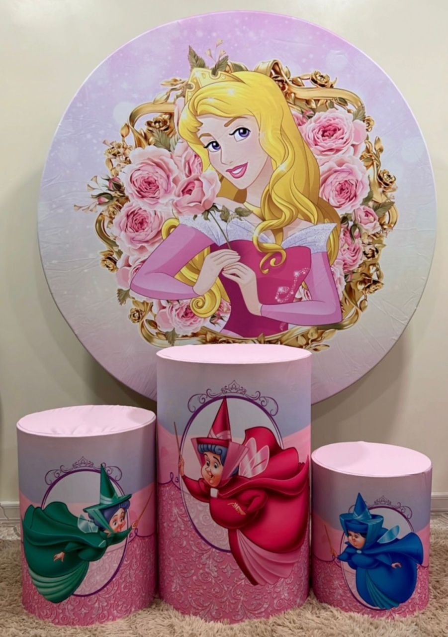 Kit Sublimado Capa Painel Redondo E Capas de Cilindros Princesa Aurora - Selminha Lokfest