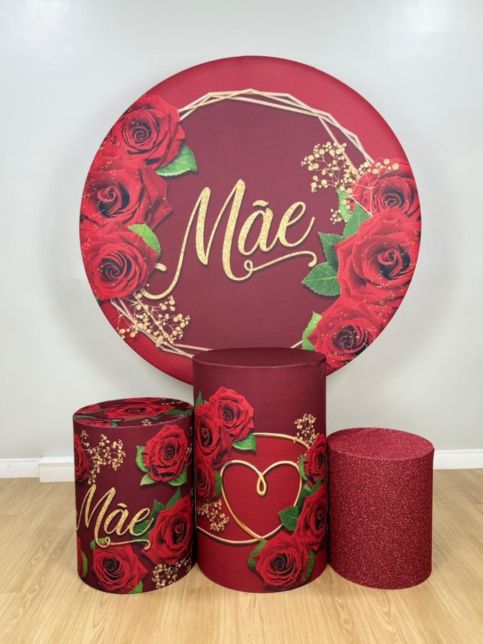 Kit Sublimado Capa Painel Redondo E Capas de Cilindros Dia das Mães Flores Vermelhas - Selminha Lokfest