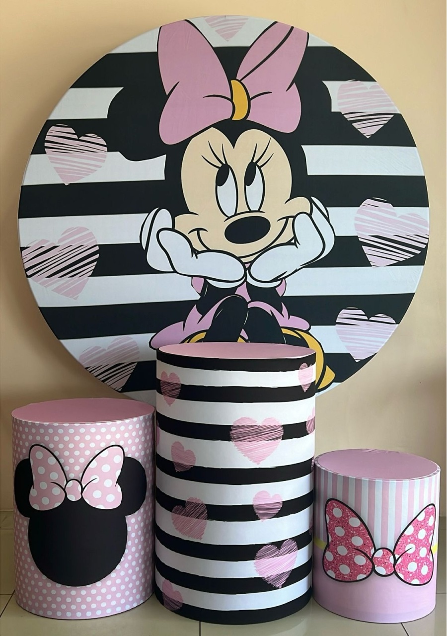 Kit Sublimado Capa Painel Redondo E Capas de Cilindros Minnie Rosa - Selminha Lokfest