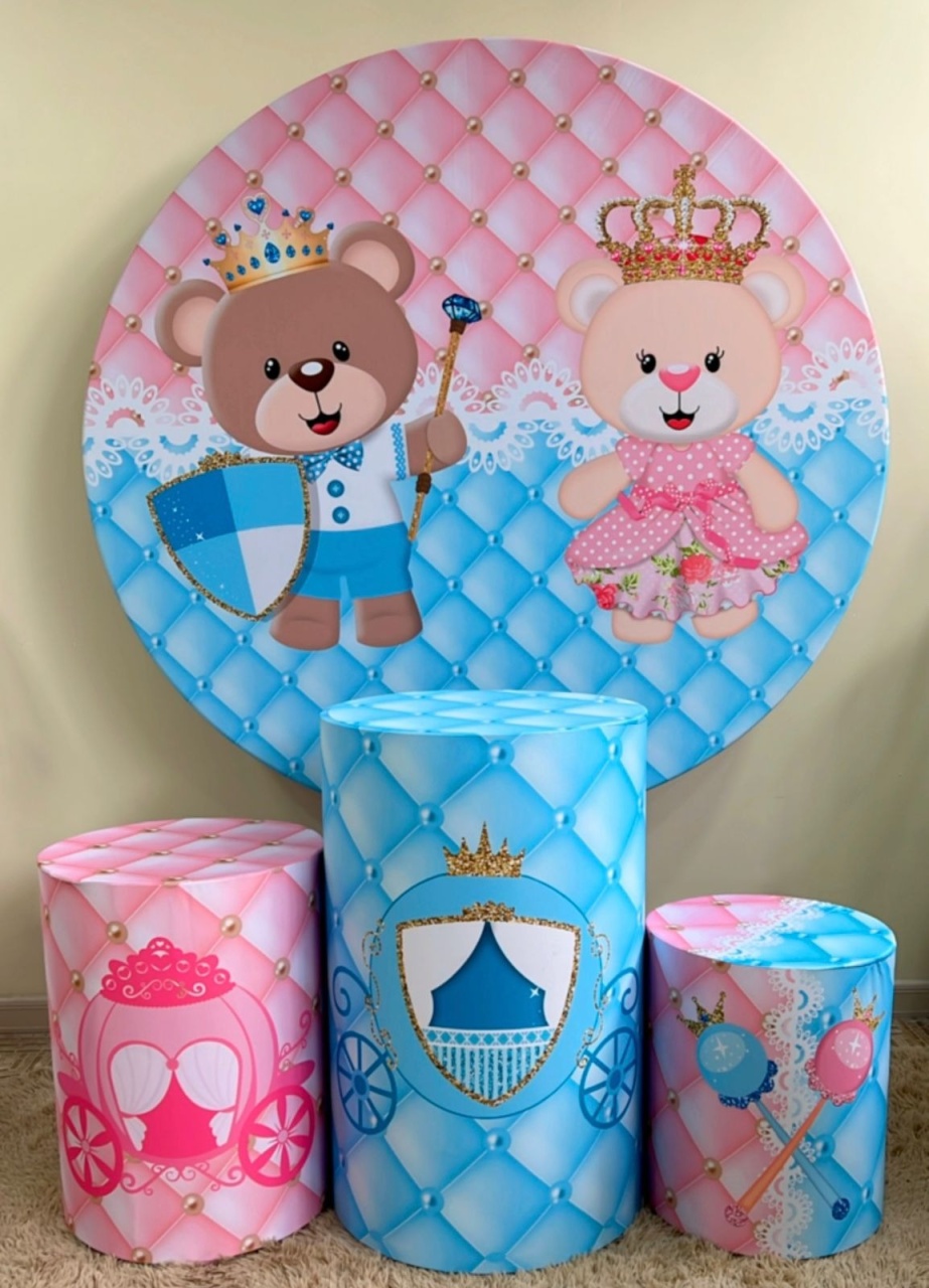 Kit Sublimado 4 Pçs Chá Revelação Ursinho E Ursinha Realeza Rosa E Azul - Selminha Lokfest