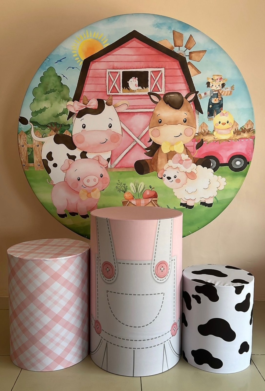 Kit Sublimado Capa Painel Redondo E Capas de Cilindros Fazendinha Menina - Selminha Lokfest