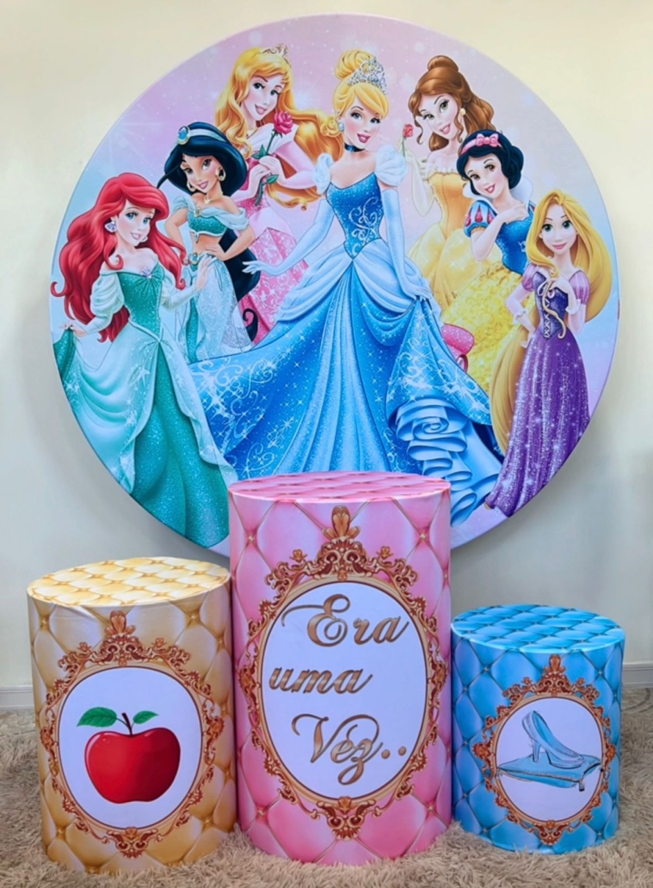 Kit Sublimado Capa Painel Redondo E Capas de Cilindros Princesas da Disney - Selminha Lokfest