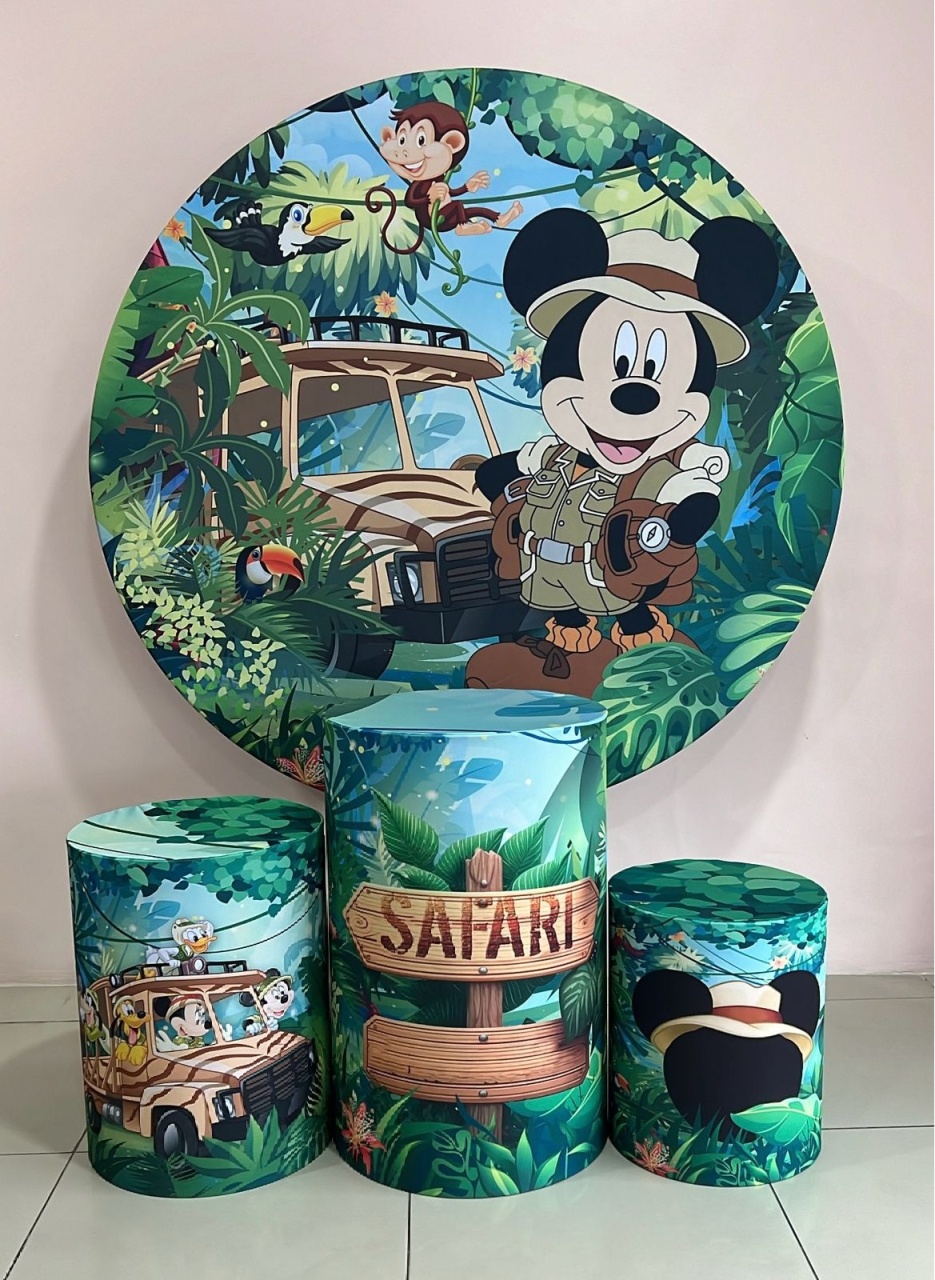 Kit Sublimado Capa Painel Redondo E Capas de Cilindros Mickey Safari - Selminha Lokfest