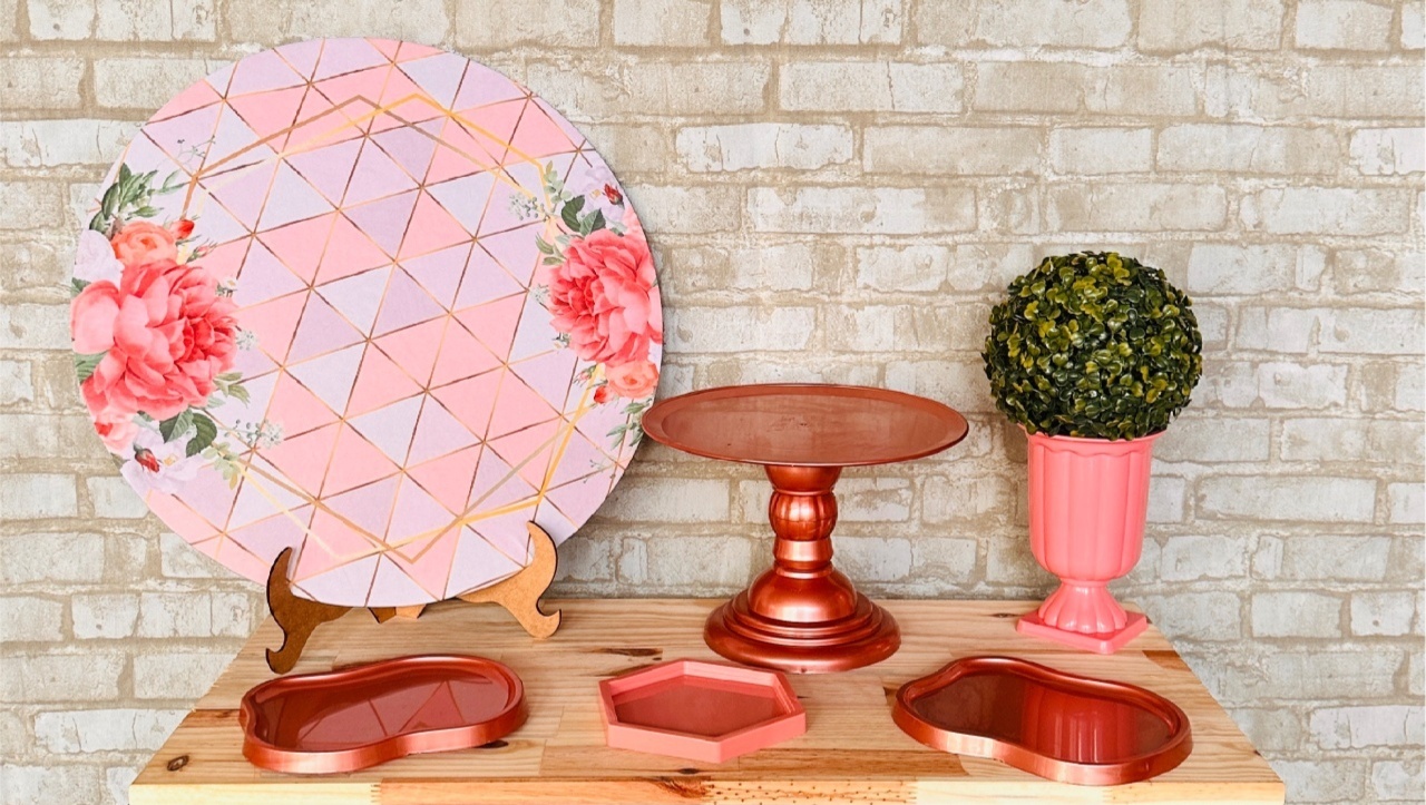 Kit Mesa - Geométrico Floral Rose - Mil Encantos Pegue e monte