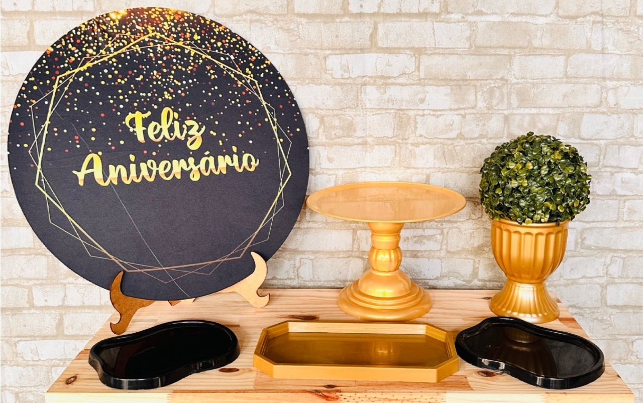 Kit Mesa - Feliz Aniversário Preto/Dourado - Mil Encantos Pegue e monte