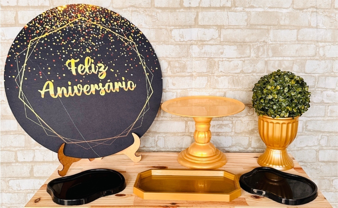Kit de Mesa Ad - Feliz Aniversário Preto/Dourado - Mil Encantos pegue e monte