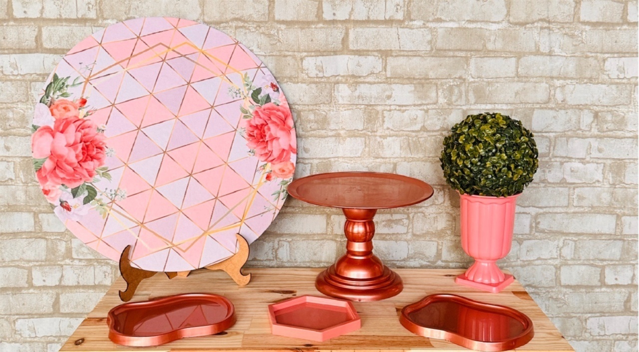 Kit de Mesa Adf - Geométrico Floral Rose - Mil Encantos pegue e monte