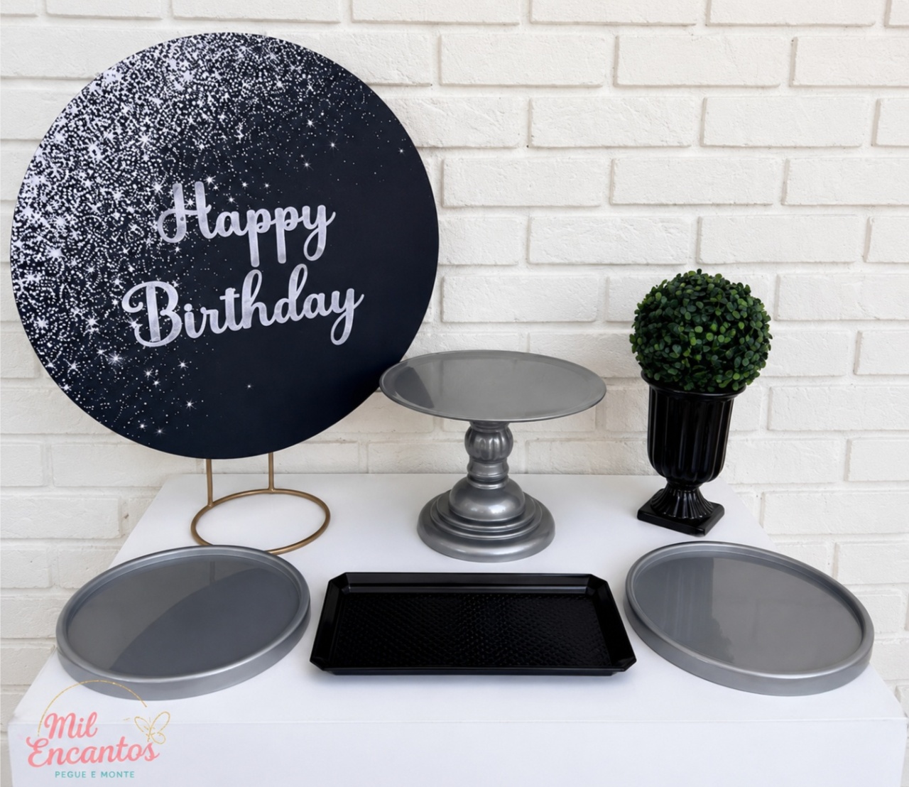 Kit de Mesa Ad - Glitter Preto/Prata - Mil Encantos pegue e monte